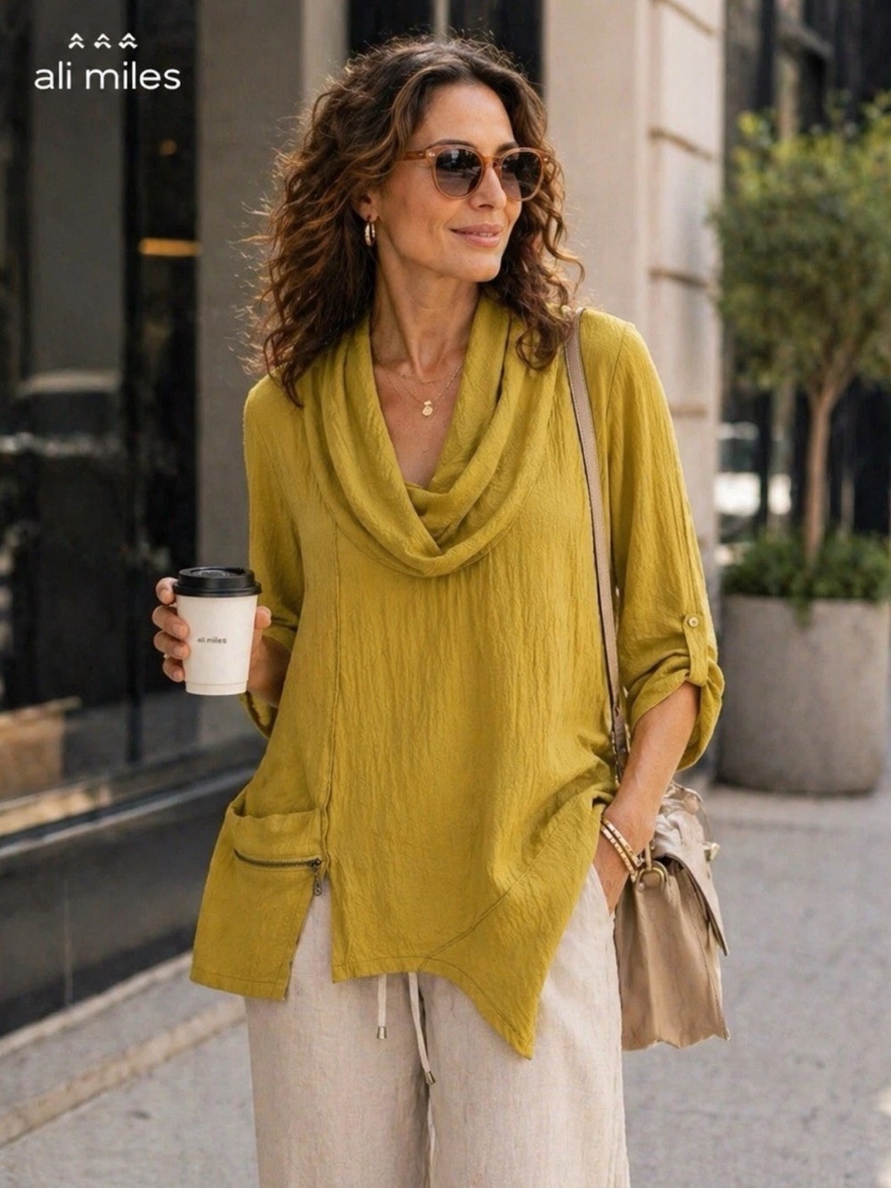 Ali Miles Cowl Neck Tunic Sweater in Mustard Yellow